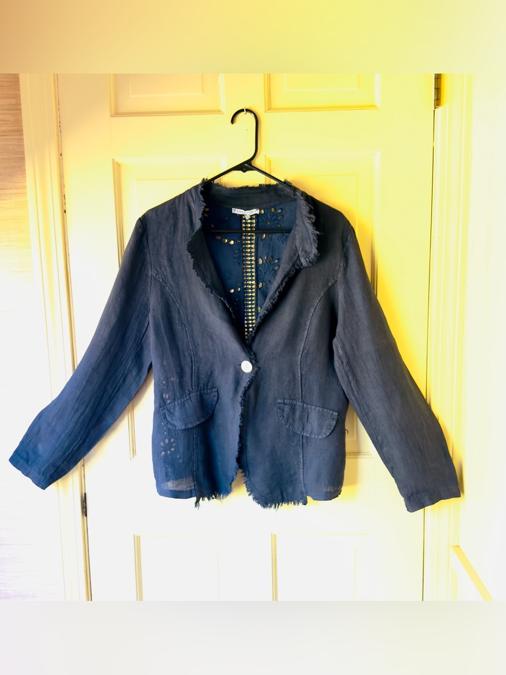 Tempo Paris Navy Frayed-Edge Single Button Blazer, 100% Linen